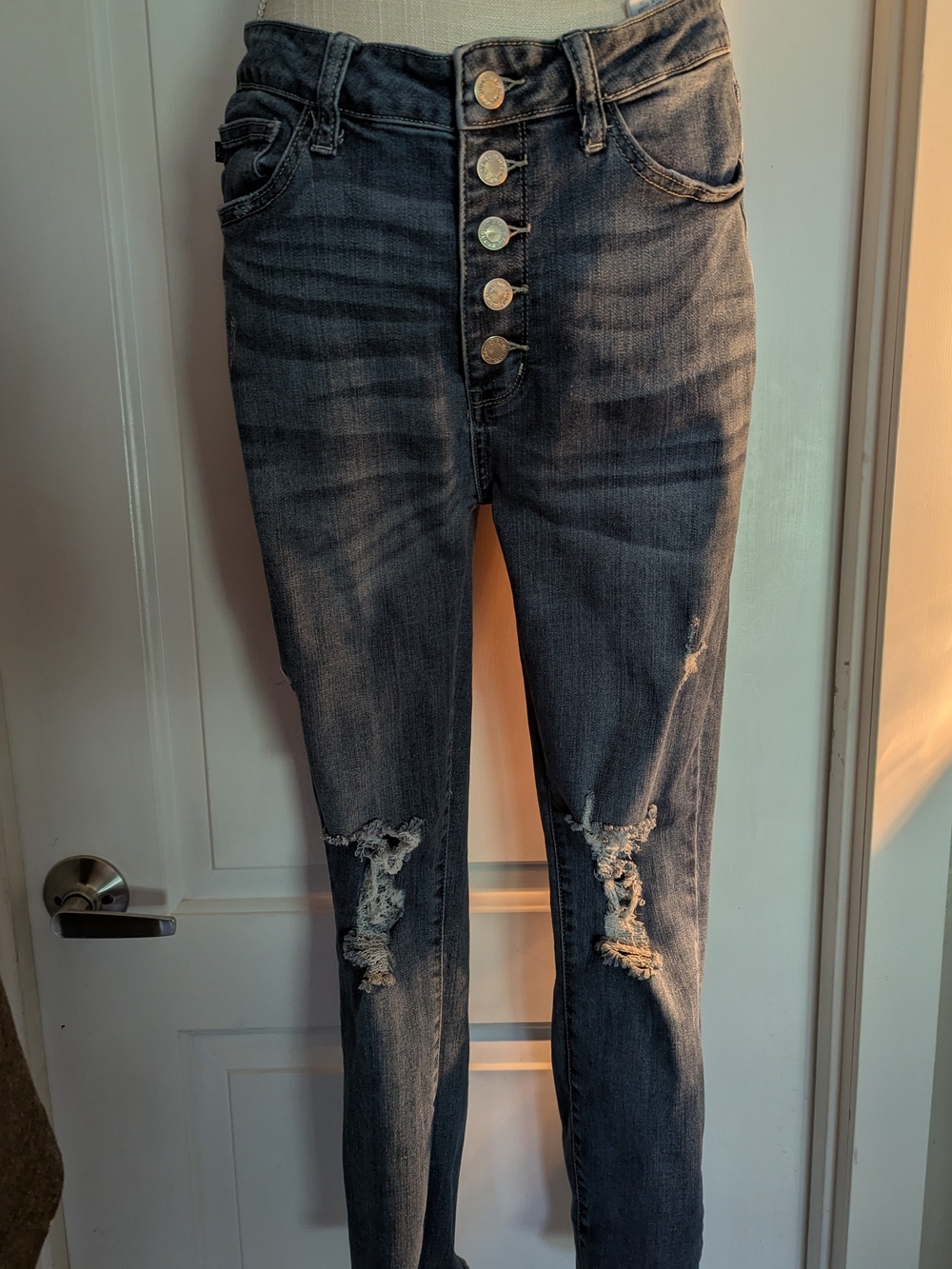 Judy Blue High-Rise Button-Fly Distressed Skinny Women’s Jeans - Dark Blue